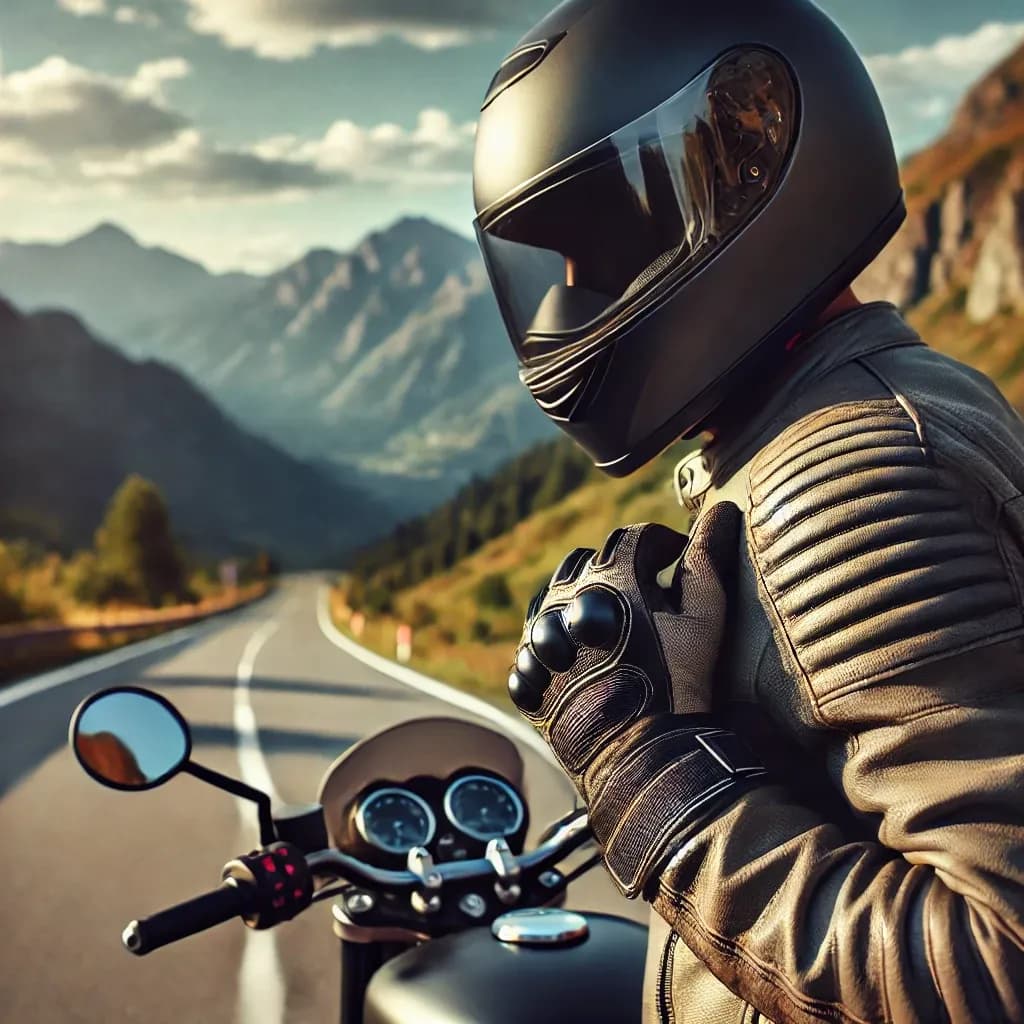 Motorcycle rider on a scenic highway wearing safety gear, with mountains in the background, emphasizing safe riding and road awareness